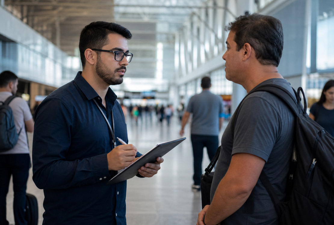 Pesquisador aplica questionário a visitante em área de circulação do Aeroporto de Sinop