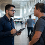 Pesquisador aplica questionário a visitante em área de circulação do Aeroporto de Sinop