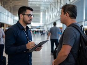 Pesquisador aplica questionário a visitante em área de circulação do Aeroporto de Sinop