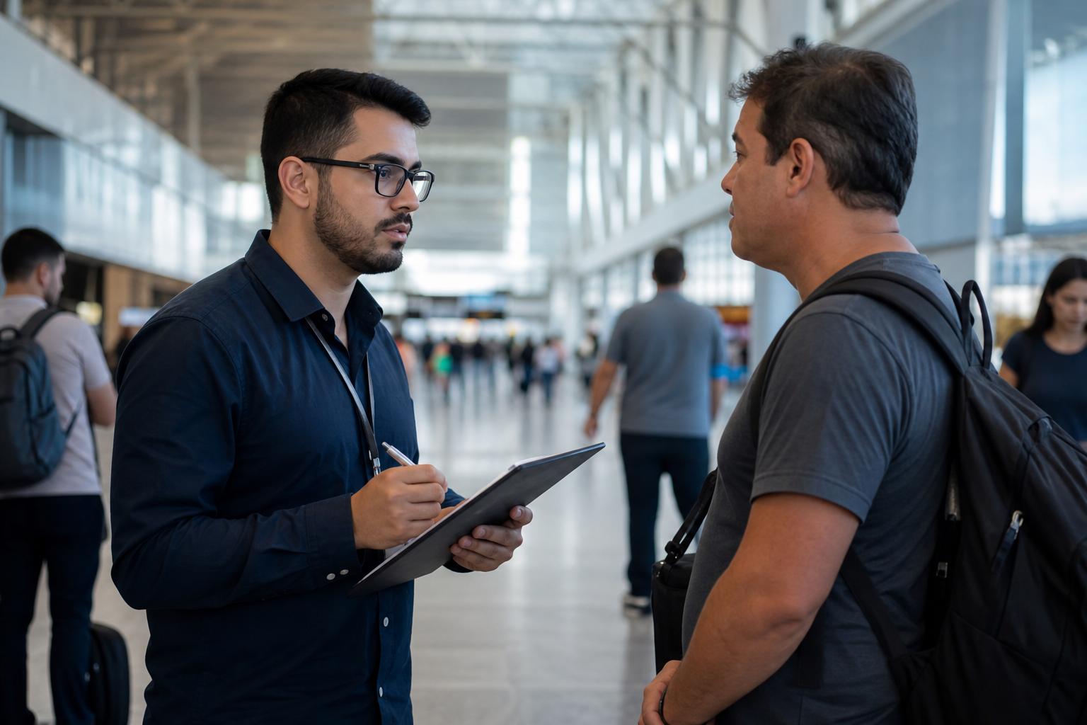 Pesquisador aplica questionário a visitante em área de circulação do Aeroporto de Sinop