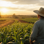 Área rural de Sinop com plantação, estrada de terra e produtor observando a lavoura