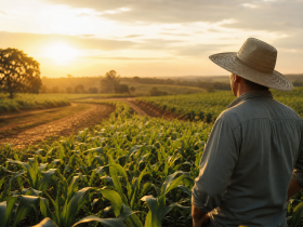 Área rural de Sinop com plantação, estrada de terra e produtor observando a lavoura