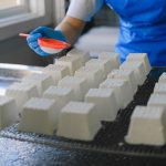 Trabalhador polvilha ingredientes sobre blocos de queijo fresco em uma unidade de produção de laticínios.